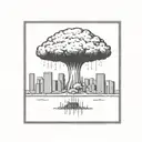 a nuclear explosion mushroom cloud destroying a city in a rectangular picture frame hanging on a wall tattoo design idea