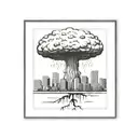 a nuclear explosion mushroom cloud destroying a city in a rectangular picture frame hanging on a wall tattoo design idea