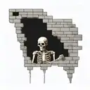 a skeleton hiding and stuck in a brick wall tattoo design idea