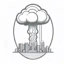 an abstract nuclear explosion mushroom cloud destroying a city in an abstract black line frame tattoo design idea