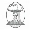 an abstract nuclear explosion mushroom cloud destroying a city in an abstract black line frame tattoo design idea