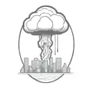 an abstract nuclear explosion mushroom cloud destroying a city in an abstract black line frame tattoo design idea