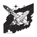 a rectangular poster frame. the image in the frame is advertising space flight. retro futuristic style tattoo design idea