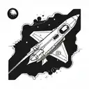 a rectangular poster frame. the image in the frame is advertising space flight. retro futuristic style tattoo design idea