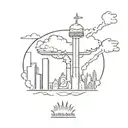 a mushroom cloud from a nuclear explosion destroying a major city within an abstract frame tattoo design idea