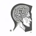 a human head resting on a pillow with the brain depicted as an abstract geometric maze tattoo design idea