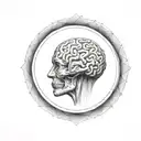 a brain inside a circular frame with geometric patterns shooting from it tattoo design idea