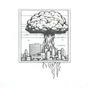 a nuclear explosion mushroom cloud destroying a city in a rectangular picture frame hanging on a wall tattoo design idea
