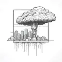 a nuclear explosion mushroom cloud destroying a city in a rectangular picture frame hanging on a wall tattoo design idea