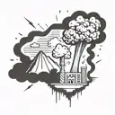 a nuclear explosion mushroom cloud destroying a city in a rectangular picture frame hanging on a wall tattoo design idea