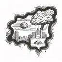 a nuclear explosion mushroom cloud destroying a city in a rectangular picture frame hanging on a wall tattoo design idea