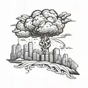 a mushroom cloud from a nuclear explosion destroying a major city within an abstract frame tattoo design idea