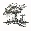 a mushroom cloud from a nuclear explosion destroying a major city within an abstract frame tattoo design idea