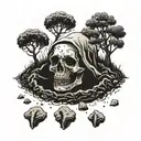 a faceless head poking out of a grave, being covered in soil tattoo design idea