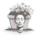a head poking out of the soil of a muddy grave with soil on top of the head and flowers growing out of the top tattoo design idea
