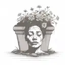 a head poking out of the soil of a muddy grave with soil on top of the head and flowers growing out of the top tattoo design idea