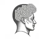 a human head resting on a pillow with the brain depicted as an abstract geometric maze tattoo design idea