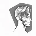 a human head resting on a pillow with the brain depicted as an abstract geometric maze tattoo design idea