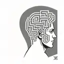 a human head resting on a pillow with the brain depicted as an abstract geometric maze tattoo design idea