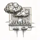 a nuclear explosion mushroom cloud destroying a city in a rectangular picture frame hanging on a wall tattoo design idea