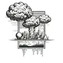 a nuclear explosion mushroom cloud destroying a city in a rectangular picture frame hanging on a wall tattoo design idea