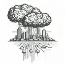 a nuclear explosion mushroom cloud destroying a city in a rectangular picture frame hanging on a wall tattoo design idea