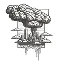 a nuclear explosion mushroom cloud destroying a city in a rectangular picture frame hanging on a wall tattoo design idea