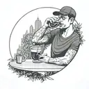 a very simple line illustration of a close up person drinking sangria in a park within a perfect circle tattoo design idea
