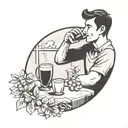 a very simple line illustration of a close up person drinking sangria in a park within a perfect circle tattoo design idea