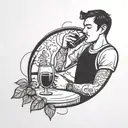 a very simple line illustration of a close up person drinking sangria in a park within a perfect circle tattoo design idea