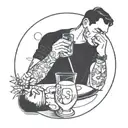 a very simple line illustration of a close up person drinking sangria in a park within a perfect circle tattoo design idea