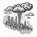 a nuclear explosion mushroom cloud destroying a city using bold black lines and geometric shapes tattoo design idea