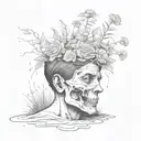 a head poking out of the soil of a muddy grave with soil on top of the head and flowers growing out of the top tattoo design idea