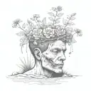 a head poking out of the soil of a muddy grave with soil on top of the head and flowers growing out of the top tattoo design idea