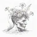 a head poking out of the soil of a muddy grave with soil on top of the head and flowers growing out of the top tattoo design idea