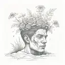 a head poking out of the soil of a muddy grave with soil on top of the head and flowers growing out of the top tattoo design idea