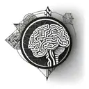 a brain inside a circular frame with geometric patterns shooting from it tattoo design idea