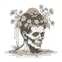 a head poking out of the soil of a muddy grave with soil on top of the head and flowers growing out of the top tattoo design idea
