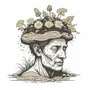 a head poking out of the soil of a muddy grave with soil on top of the head and flowers growing out of the top tattoo design idea