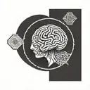 a brain inside a circular frame with geometric patterns shooting from it tattoo design idea