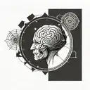 a brain inside a circular frame with geometric patterns shooting from it tattoo design idea