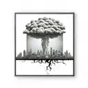 a nuclear explosion mushroom cloud destroying a city in a rectangular picture frame hanging on a wall tattoo design idea