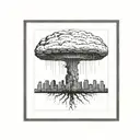 a nuclear explosion mushroom cloud destroying a city in a rectangular picture frame hanging on a wall tattoo design idea