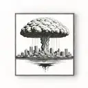 a nuclear explosion mushroom cloud destroying a city in a rectangular picture frame hanging on a wall tattoo design idea