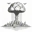 an abstract nuclear explosion mushroom cloud destroying a major city in an abstract black line frame tattoo design idea