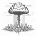an abstract nuclear explosion mushroom cloud destroying a major city in an abstract black line frame tattoo design idea