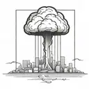an abstract nuclear explosion mushroom cloud destroying a major city in an abstract black line frame tattoo design idea