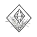 a diamond balancing on top of a single blade of grass using bold black lines in a bold black frame tattoo design idea