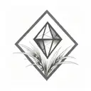 a diamond balancing on top of a single blade of grass using bold black lines in a bold black frame tattoo design idea