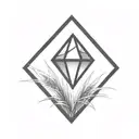 a diamond balancing on top of a single blade of grass using bold black lines in a bold black frame tattoo design idea